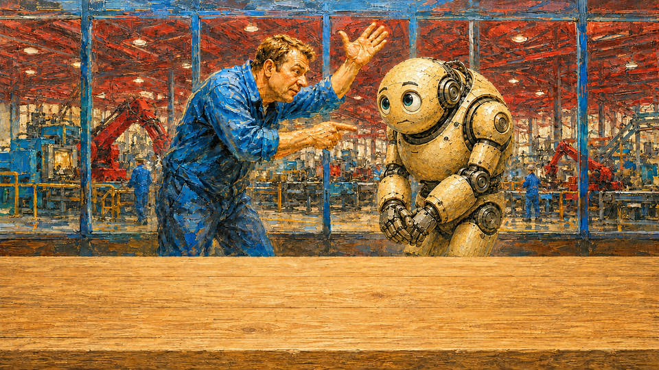 Ein Mensch erklärt einem Roboter in einer Fabrikhalle mit Maschinen im Hintergrund.