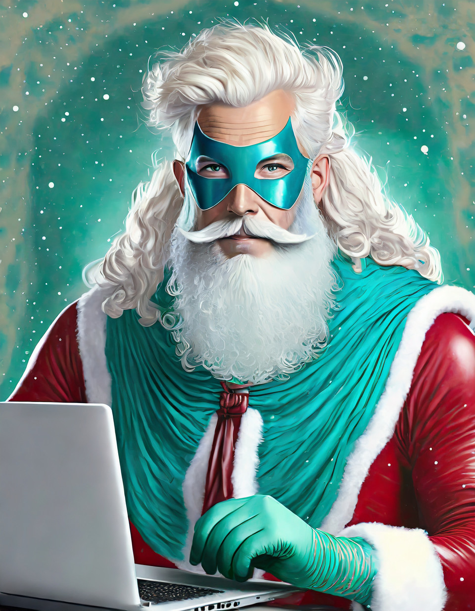 Tattooed superhero Santa Claus with turquoise cape and gloves analyzes data on a laptop