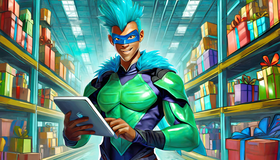 turquoise superhero with turquoise hair with ipad in a warehouse full of colorful gifts