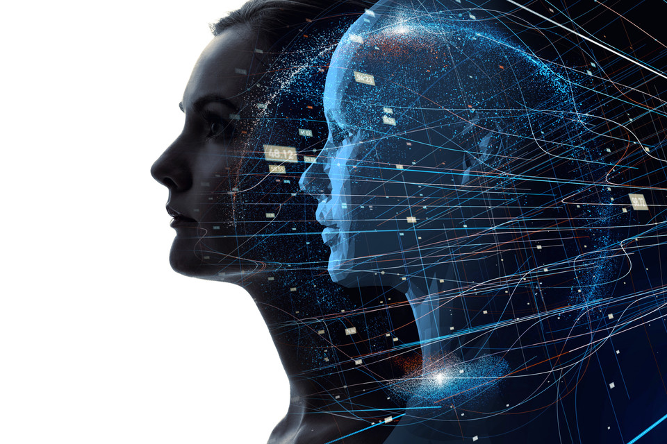 Profilansicht eines menschlichen Gesichts mit digitalem Netzwerk- und Datenflussdesign.