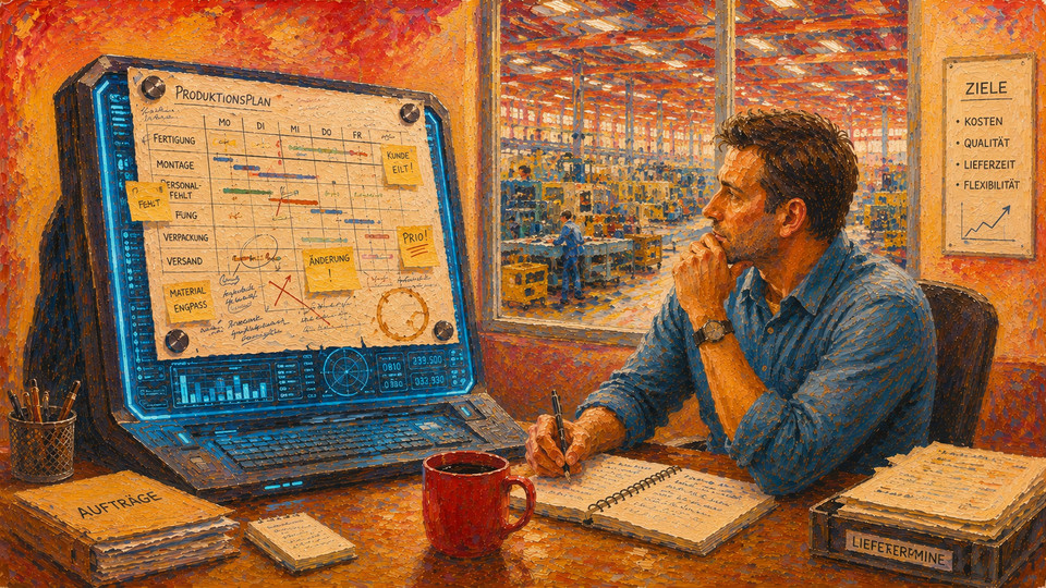 Businessman analyzing production plan on a digital screen with coffee mug, notebook, and factory view in background.