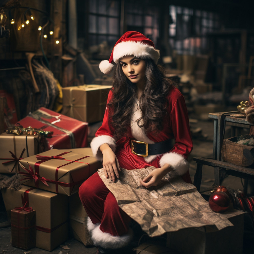 photo of miss santa claus sits in a warehouse with gifts. She has a map in her hand showing the wards of the children she has to deliver to