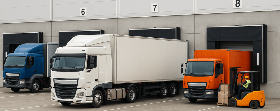 Lkw und Gabelstapler vor einem modernen Lager