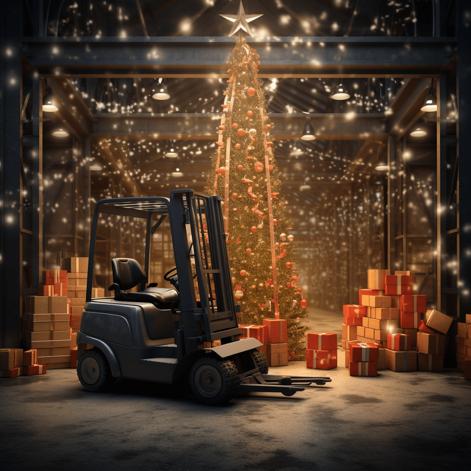 a christmas forklift. No warehouse, photorealistic