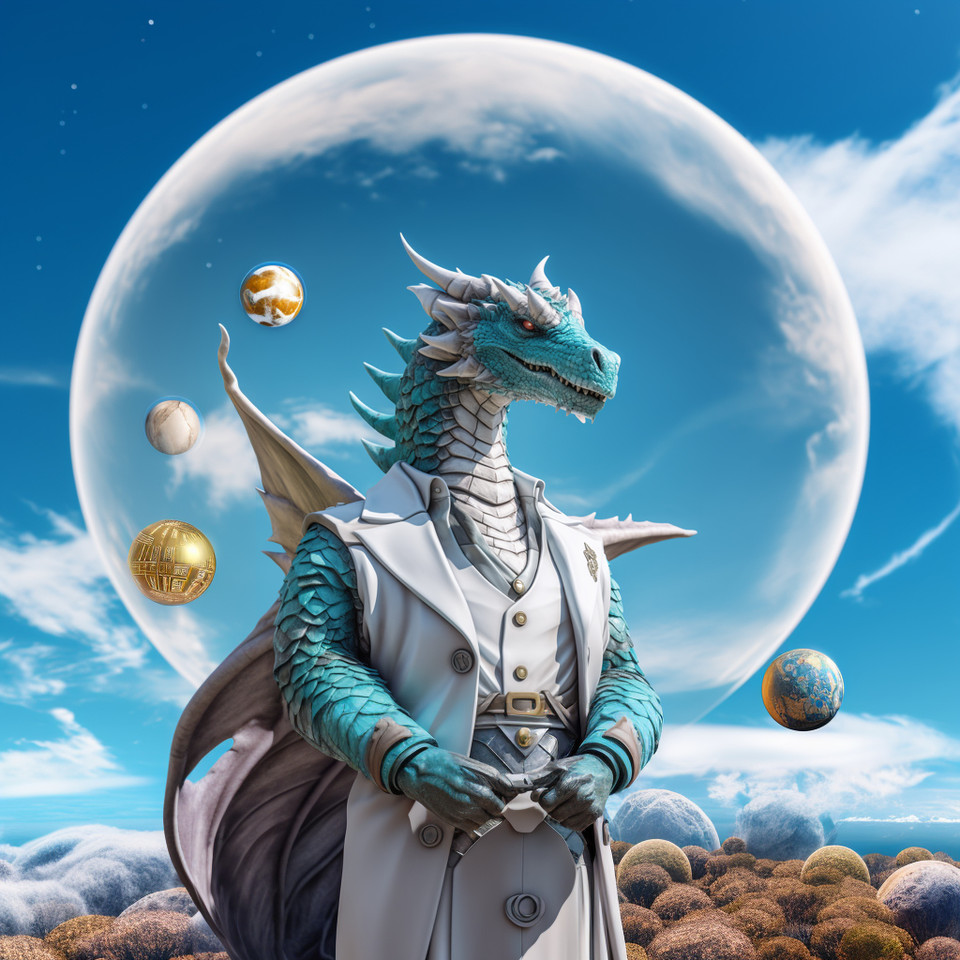 friendly turquoise dragon wearing white shirt, standing in front of building, PLANETS IN THE SKY AND SUNSHINE