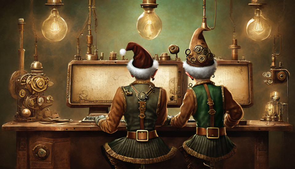 Christmas elves, all from behind planning their working hours on an steampunk computer