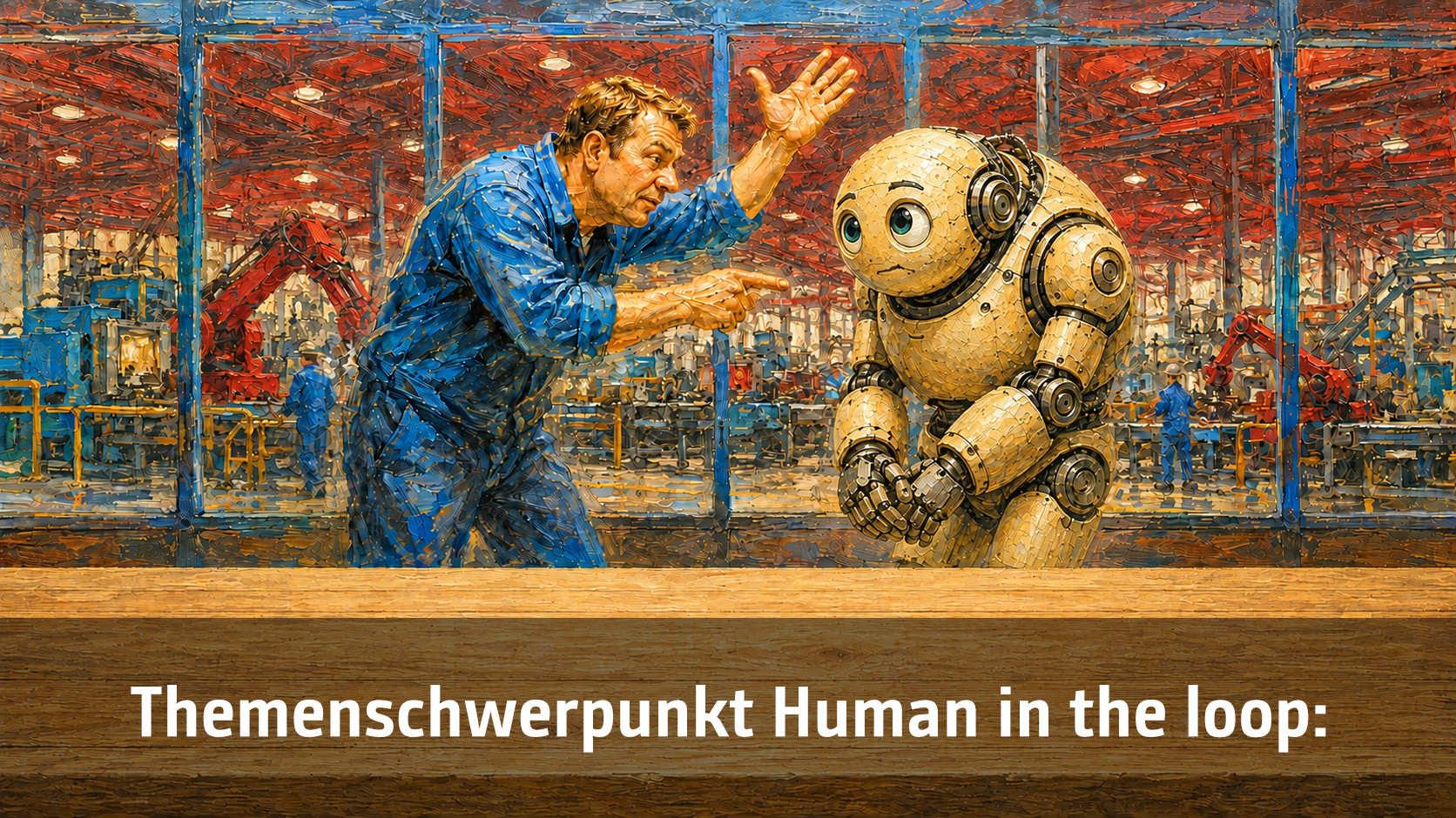 Ein Mensch erklärt einem Roboter in einer Fabrikhalle mit Maschinen im Hintergrund.