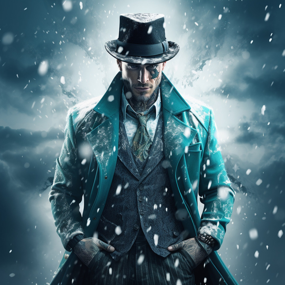 fraud fighter detective with tattoos wearing turquoise Trenchcoat and bowler hat standing in softly falling snow, tattoo art