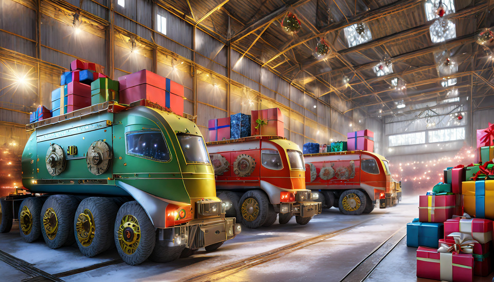 colorful future trucks bring lots of colorful presents to a large christmas warehouse.