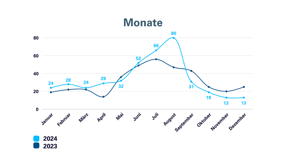 Line graph comparing monthly data for 2023 and 2024, highlighting trends and differences throughout the year.