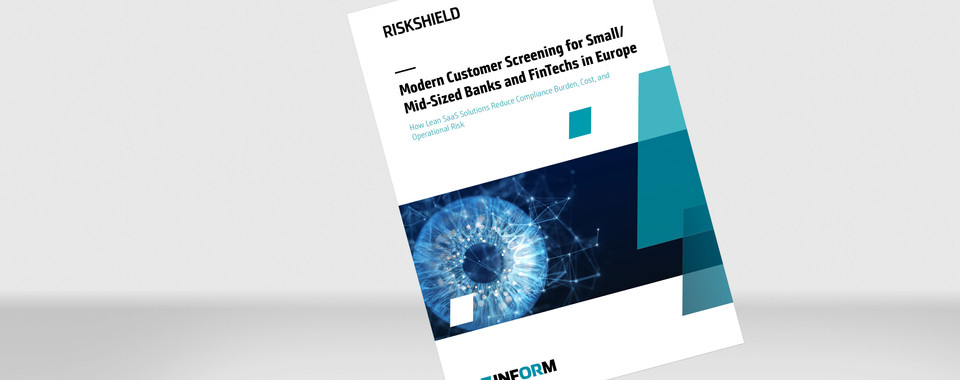Paper cover mockup for RiskShield Customer Screening SaaS showing simple customer screening for small and mid sized banks and FinTechs