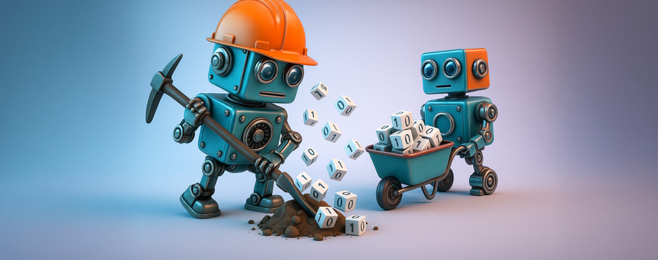 Zwei lustige Roboter in Arbeitskleidung, die mit einer Schaufel und einer Schubkarre Blöcke bewegen.