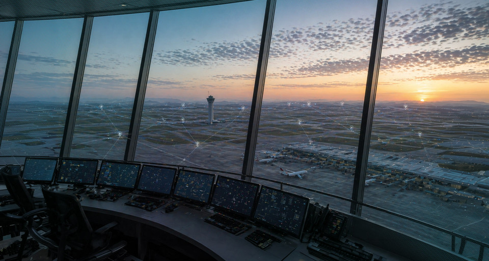 Airport control tower monitoring a connected digital network, representing real-time fraud detection and network intelligence