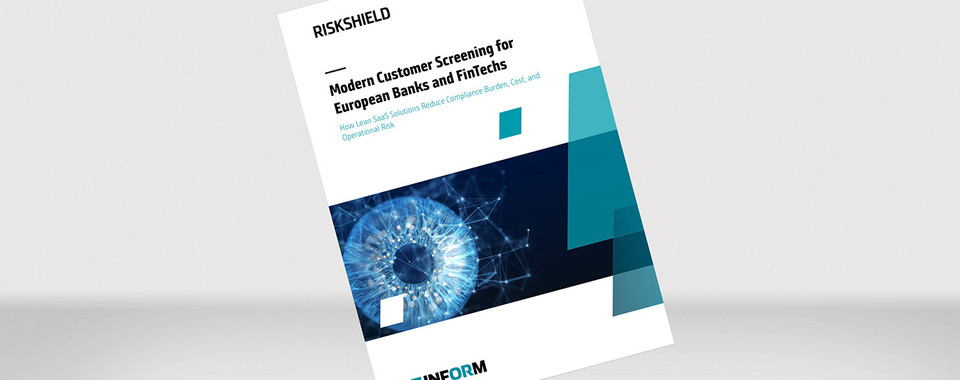 Paper cover mockup for RiskShield Customer Screening SaaS showing simple customer screening for small and mid sized banks and FinTechs