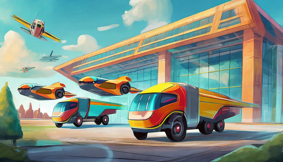 Futuristic, colorful flying trucks parked on a large square in front of a hall.