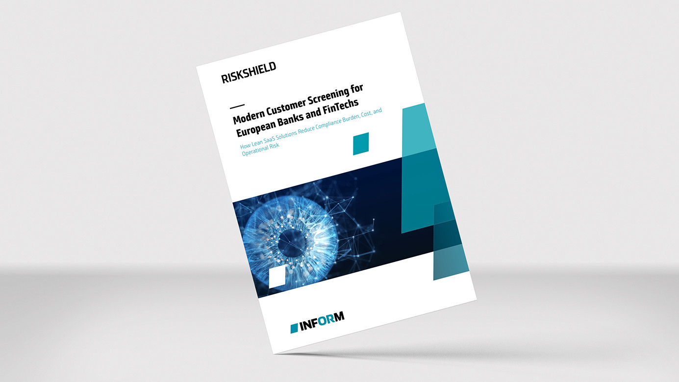 Paper cover mockup for RiskShield Customer Screening SaaS showing simple customer screening for small and mid sized banks and FinTechs