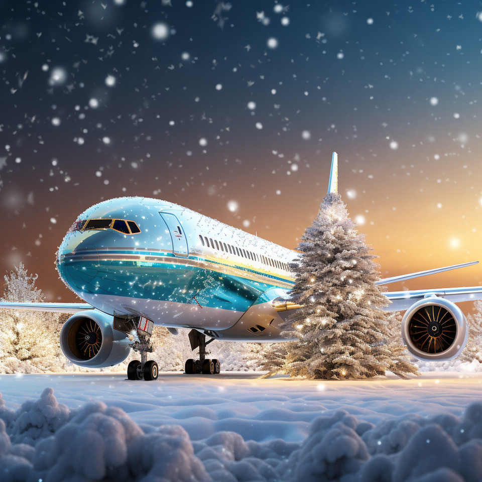 photo of a christmas tree in front of a modern turqouise boeing dreamline with falling snow, golden hour