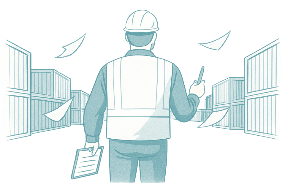 Warehouse worker in hard hat searching for the right container.