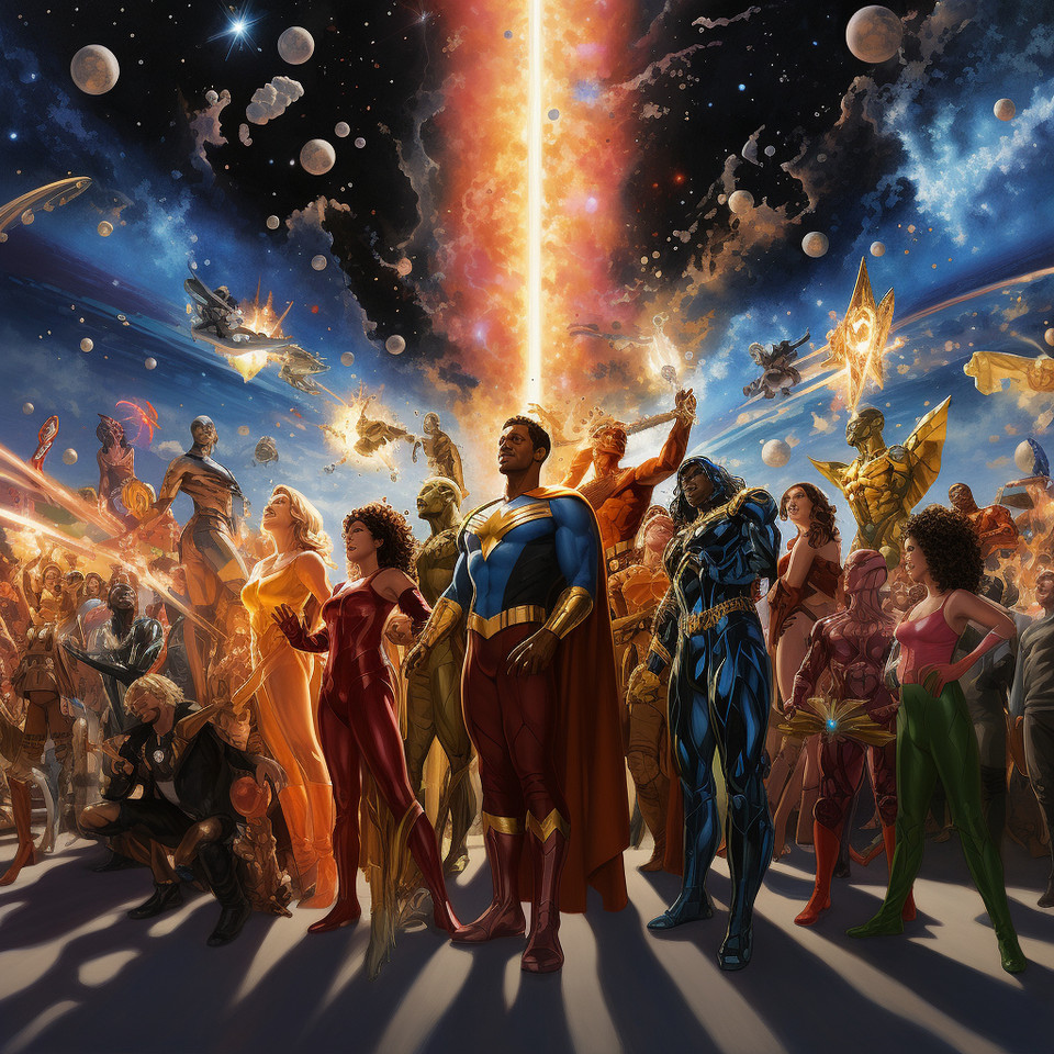 Hyper-realistic image of a joyful ensemble of superheroes and superheroines, boasting diverse skin tones and hair colors, donned in vibrant suits and capes, suspended in the cosmos. They are interconnected by a resplendent golden chain, gripping it tightly. Below them, an aerial view captures the Earth aglow with myriad points of light against the 