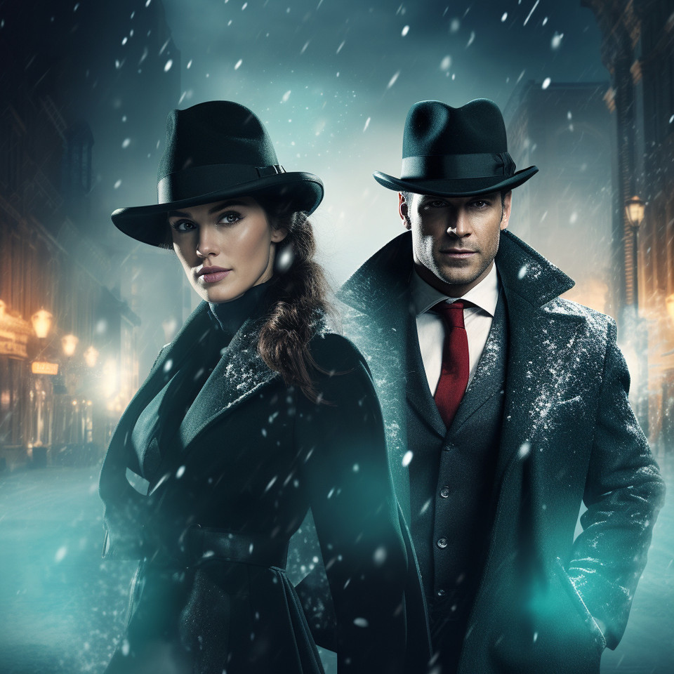 Woman Fraud Fighter Detective and Man Fraud Fighter Detective with turqouise Trenchcoat and grey bowler hats standing in softly falling snow with more christmas decoration and modern skyline, hyperrealistic with a bank robbery