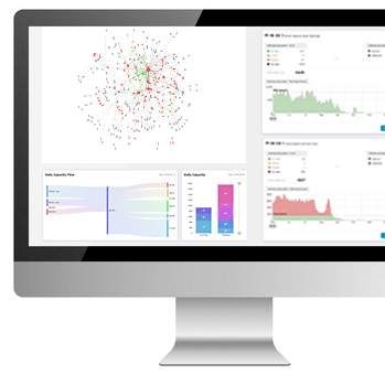 Complex network visualization illustrating connections between nodes with color-coded relationships and pathways.