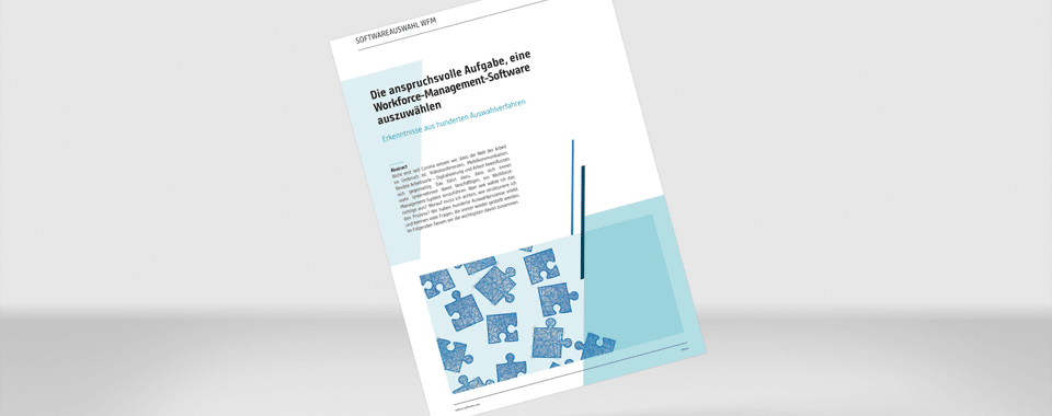 Cover des Informationsblatts zur Auswahl von Workforce-Management-Software mit Puzzlestücken-Design.