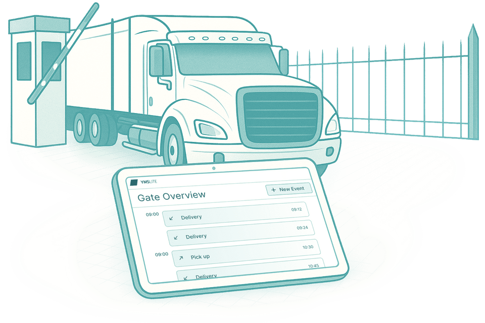 Truck at gate overview interface, showcasing delivery schedule and events for efficient logistics management.
