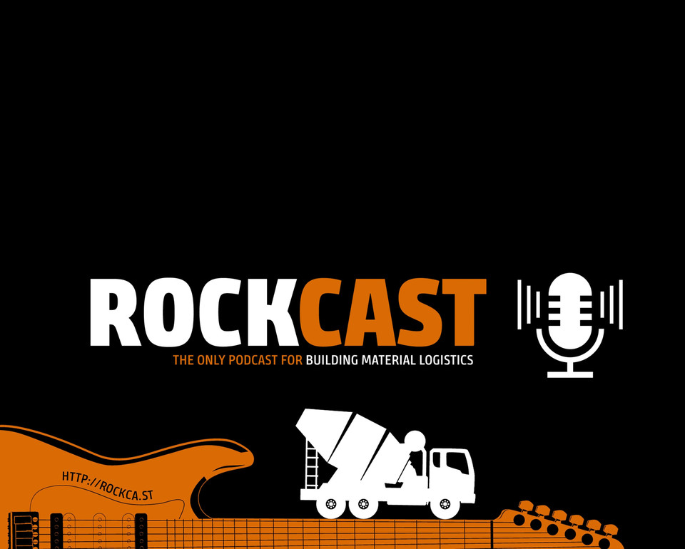 Graphic with the title "Rockcast the only Podcast for Building Material Logistics" Showing a Cement Mixer driving on  a Guitar neck.