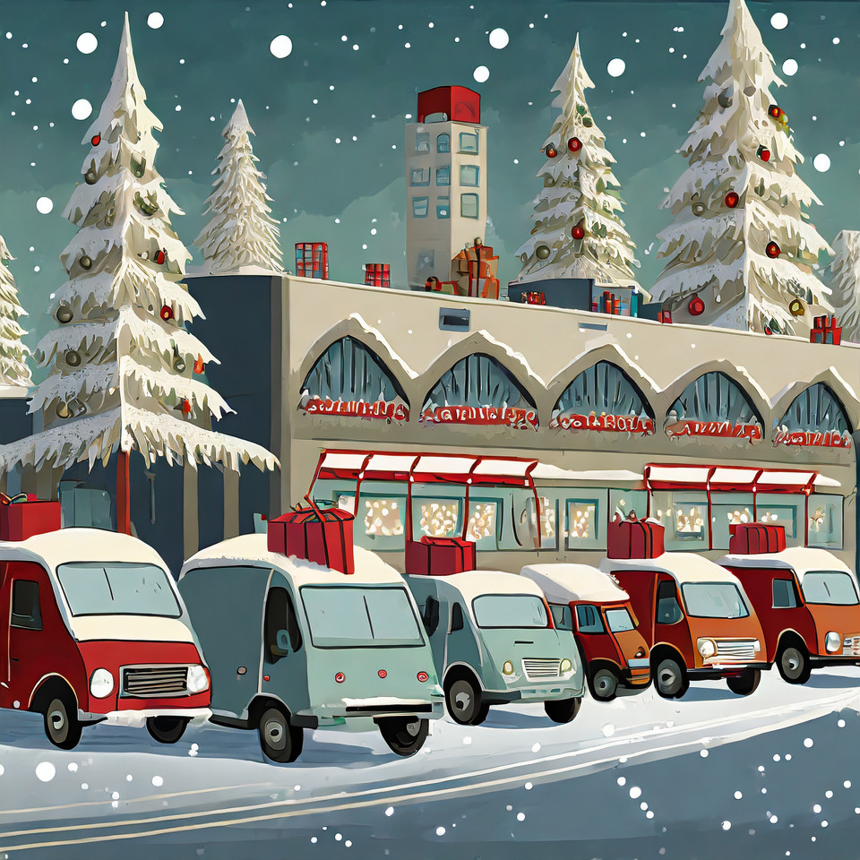 Many small vans in front of a large distribution center at Christmas