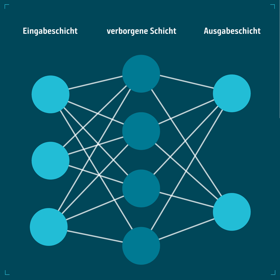 Grafik eines neuronalen Netzwerks mit Eingabeschicht, versteckter Schicht und Ausgabeschicht.