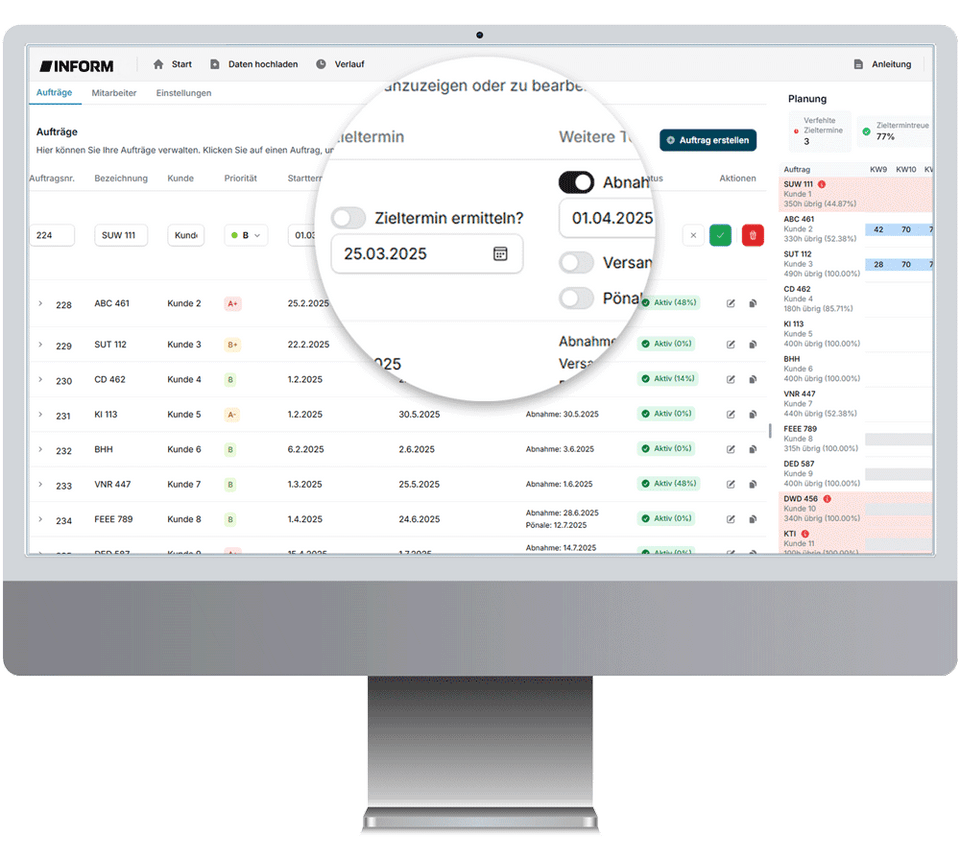 Funktion „Zieltermin ermitteln“ im Simple Planner zur Berechnung realistischer Liefertermine