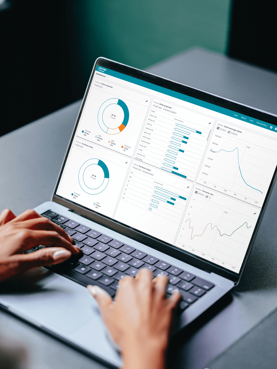 Supply chain manager working on a laptop with inventory optimization software ADD*ONE.
