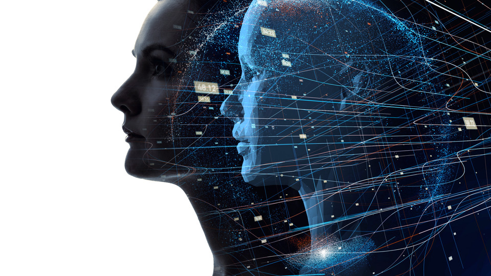 Side profile of a digital human head with data streams, representing AI and technology advancements.