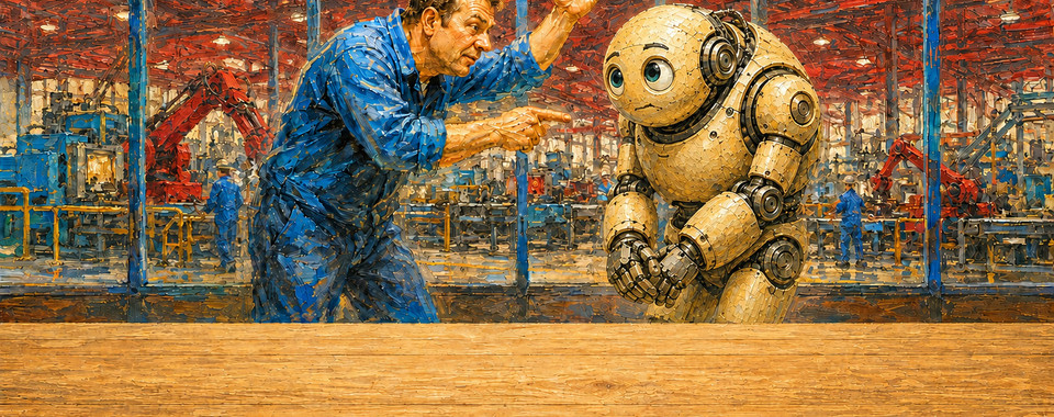 Ein Mechaniker gibt einem Roboter Anweisungen in einer modernen Fabrikumgebung. Mensch-Maschine-Interaktion.
