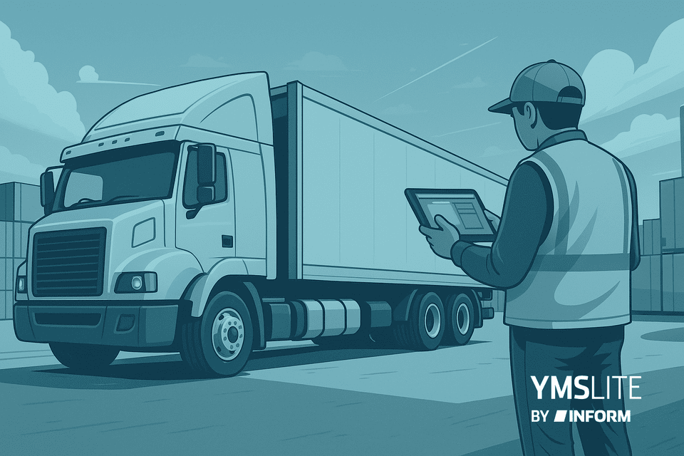 Person holding tablet displaying logistics software in a warehouse environment with trucks and pallets.