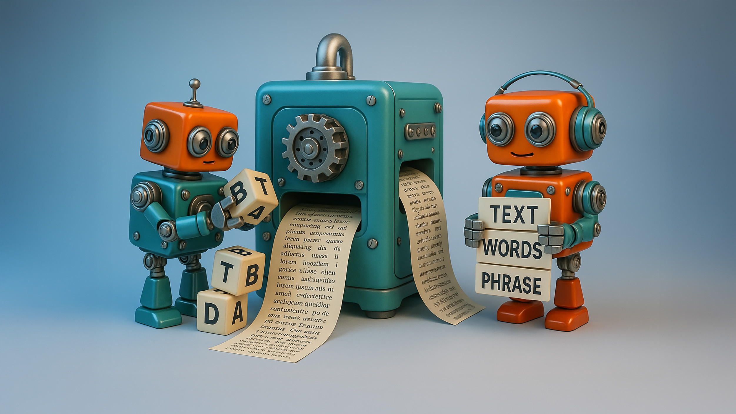 Two colorful robots at a machine, creating text, words, and phrases from paper in a playful, creative scene.