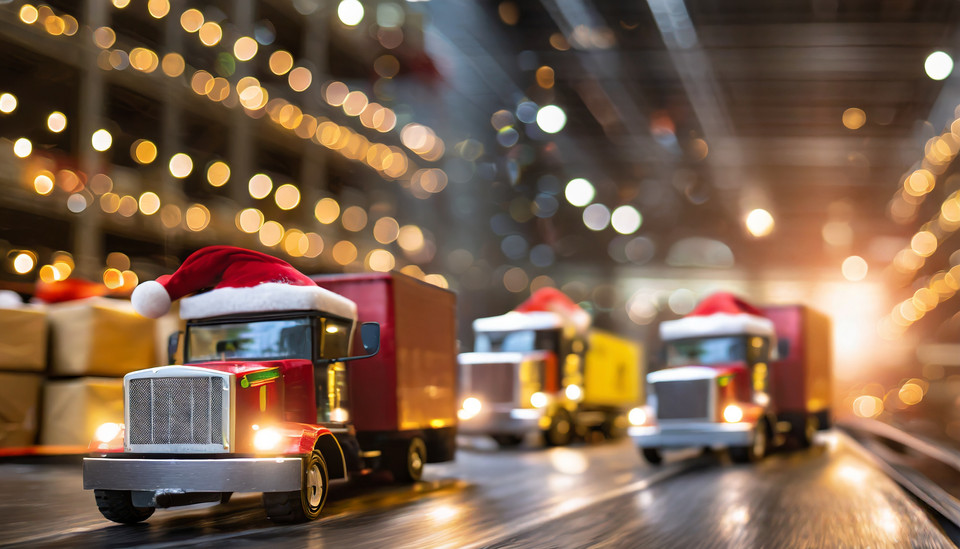 Colorful Christmas trucks supply Santa's large warehouse.