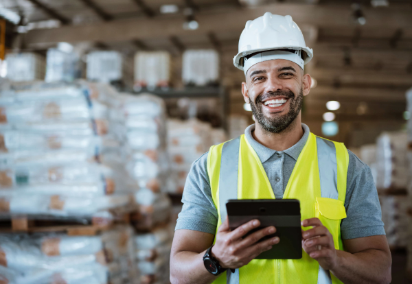 Ein lächelnder Lagerarbeiter mit Helm und Tablet in einem Lagerhaus voller Paletten. Sicherheit und Technik verbinden.