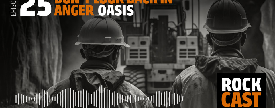 Two People from behind looking at an Excavator. Overlay text reads "Episode 25 Won’t look back in anger Oasis."