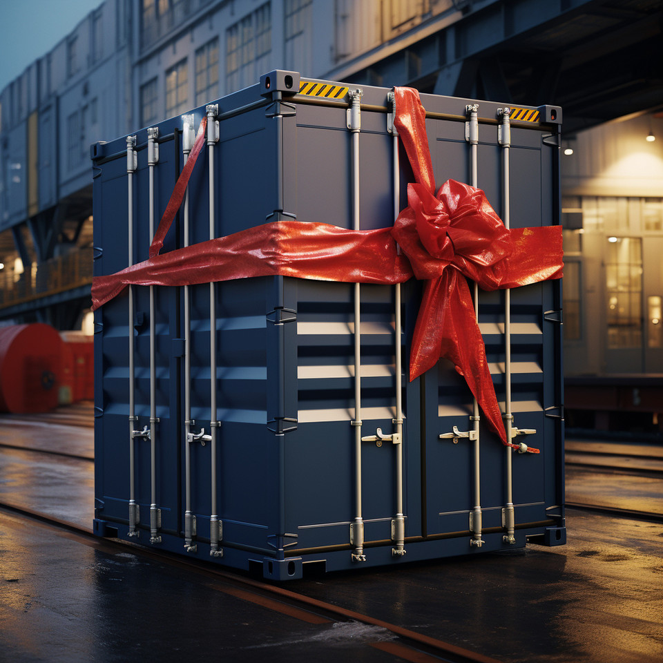 container wrapped as gifts delivered by straddlecarrier