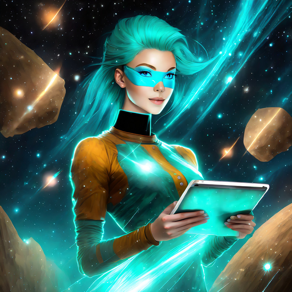 Superhero with turquoise Hair, with ipad, flies through the universe, with asteroids
