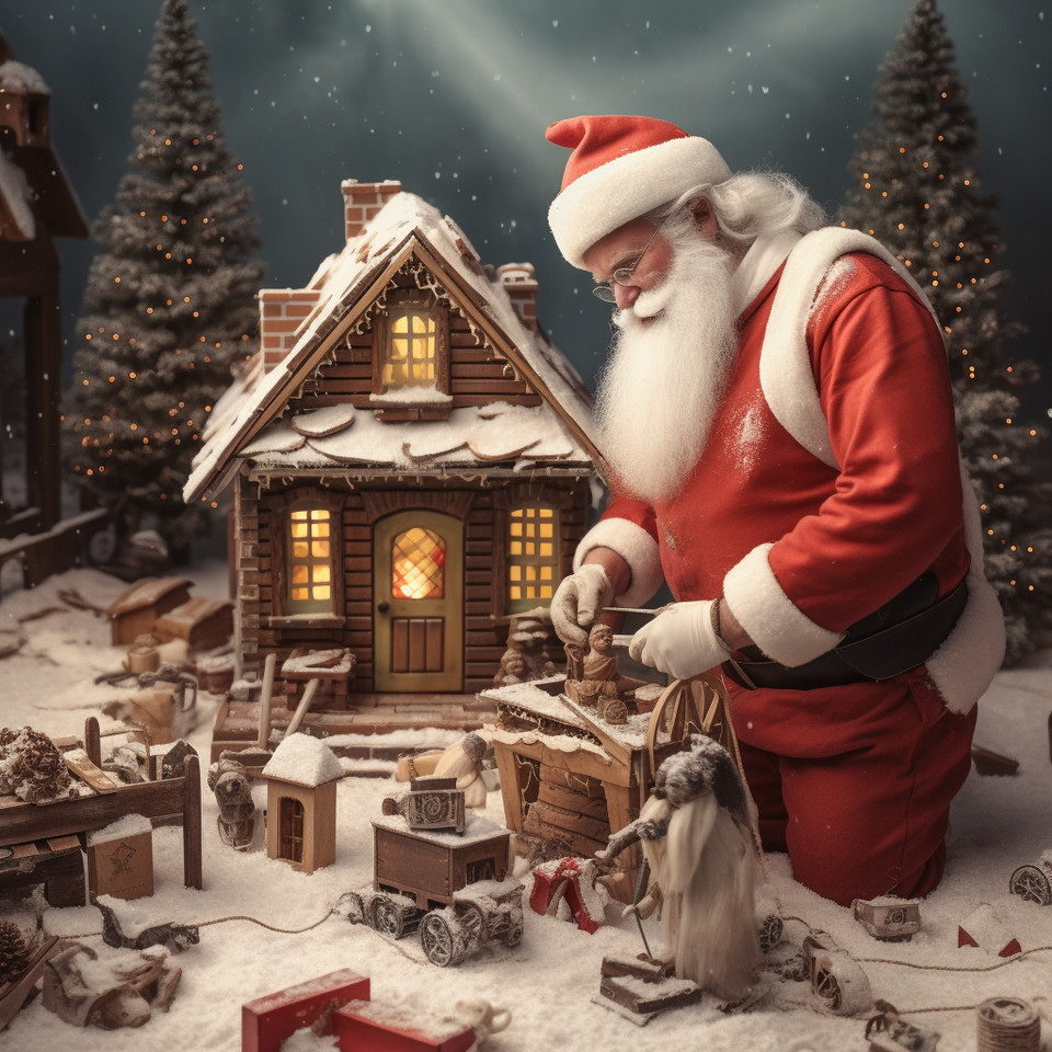 Santa Clauses build houses, with tools in hand