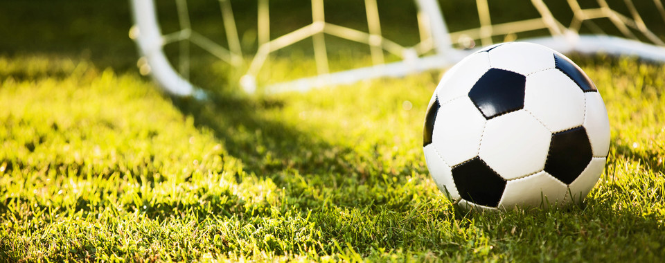 Schwarzer und weißer Fußball auf grünem Rasen vor einem Fußballtor im Sonnenlicht.