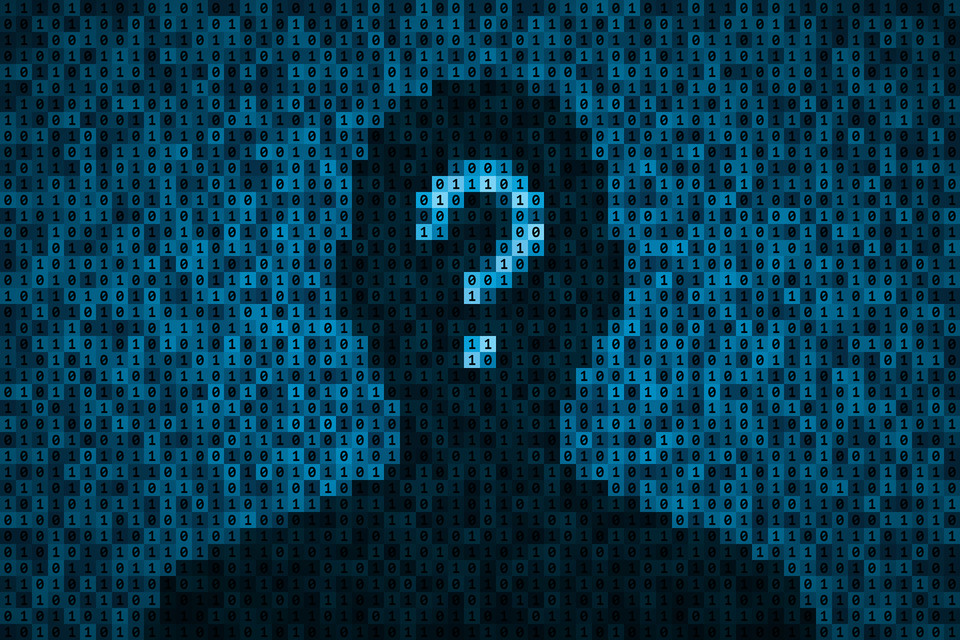 Silhouette of a person with a question mark, surrounded by a digital binary code backdrop, symbolizing mystery in technology.
