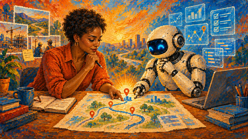Frau arbeitet mit einem Roboter an einem Projektplan, umgeben von Notizen und Grafik-Elementen.
