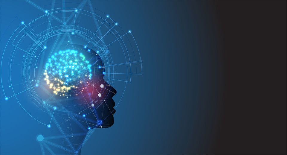 Artistic representation of a human head silhouette with a glowing, networked brain symbolizing AI and technology.