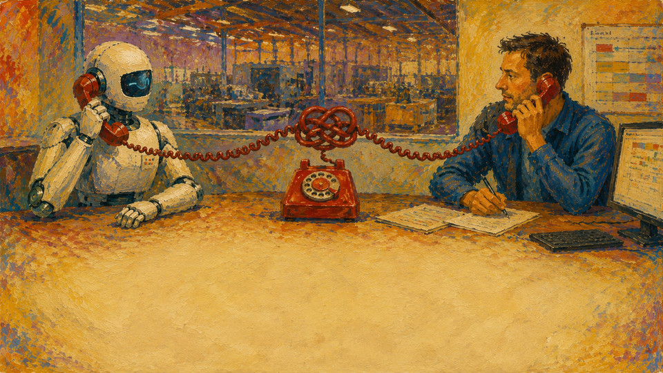 Robot and human engaged in a phone conversation, symbolizing communication and technology integration in the workplace.