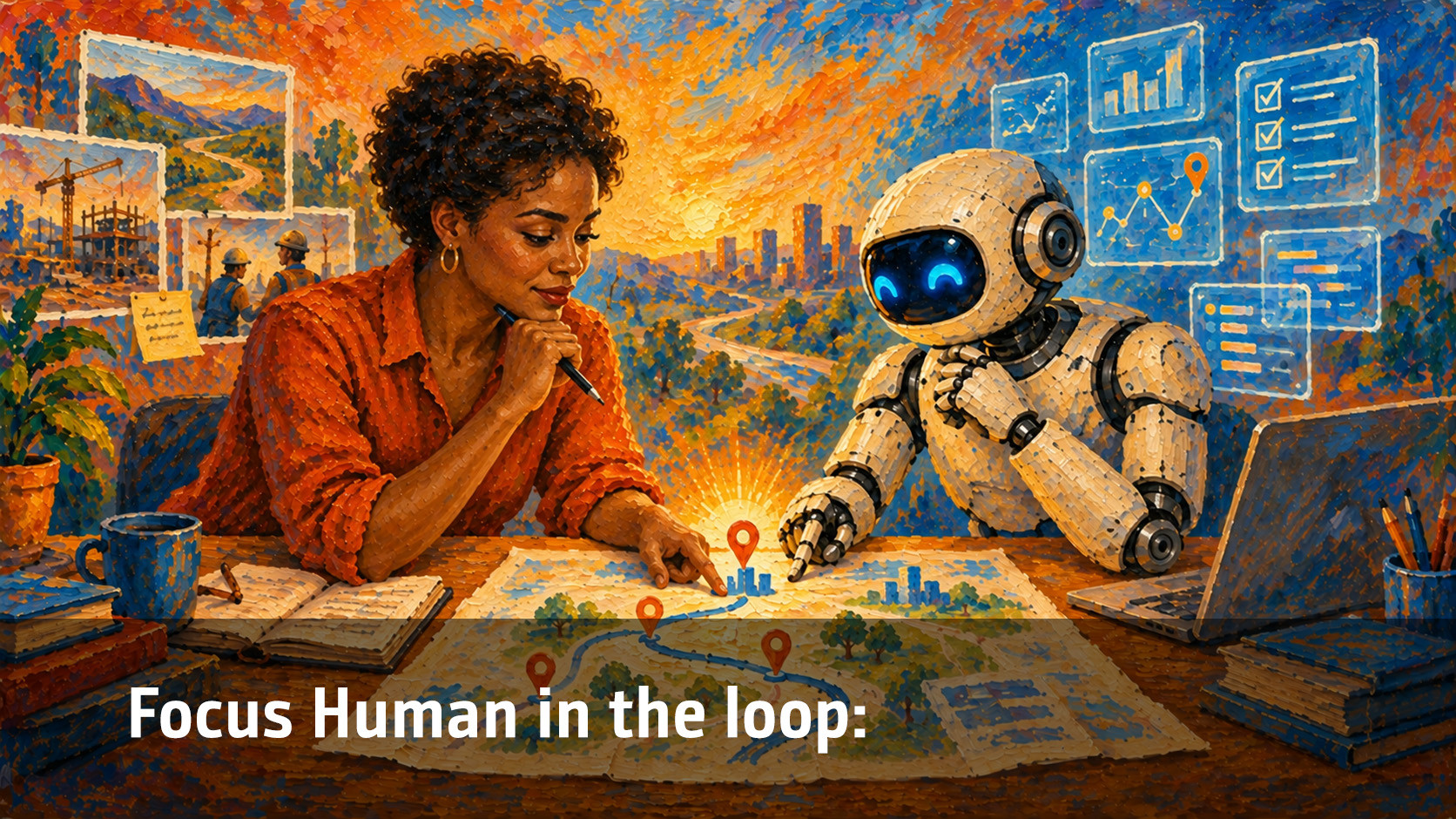 A woman collaborates with a friendly robot, analyzing a map with graphs for planning and innovation.