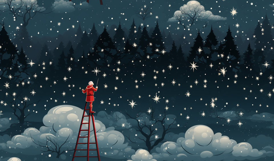 santa claus is building a chimney lighting sky with red astroids