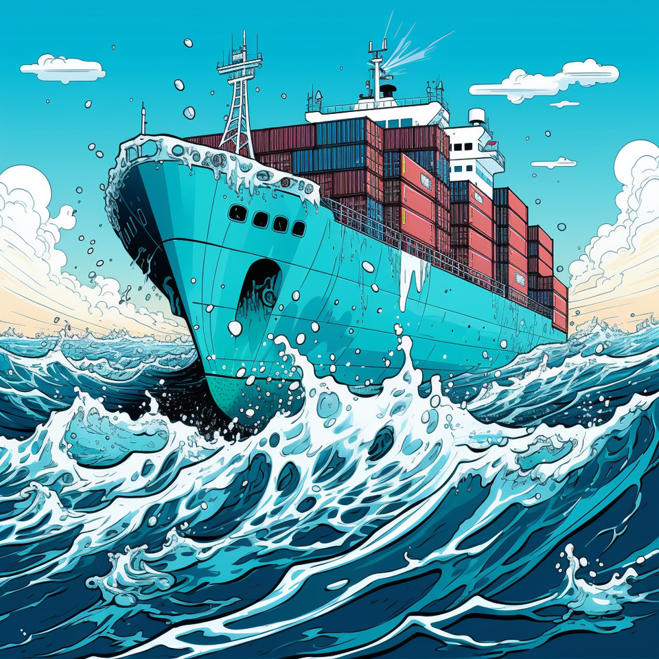 container ship out of turquoise candy swimming in the milky ocean #comic